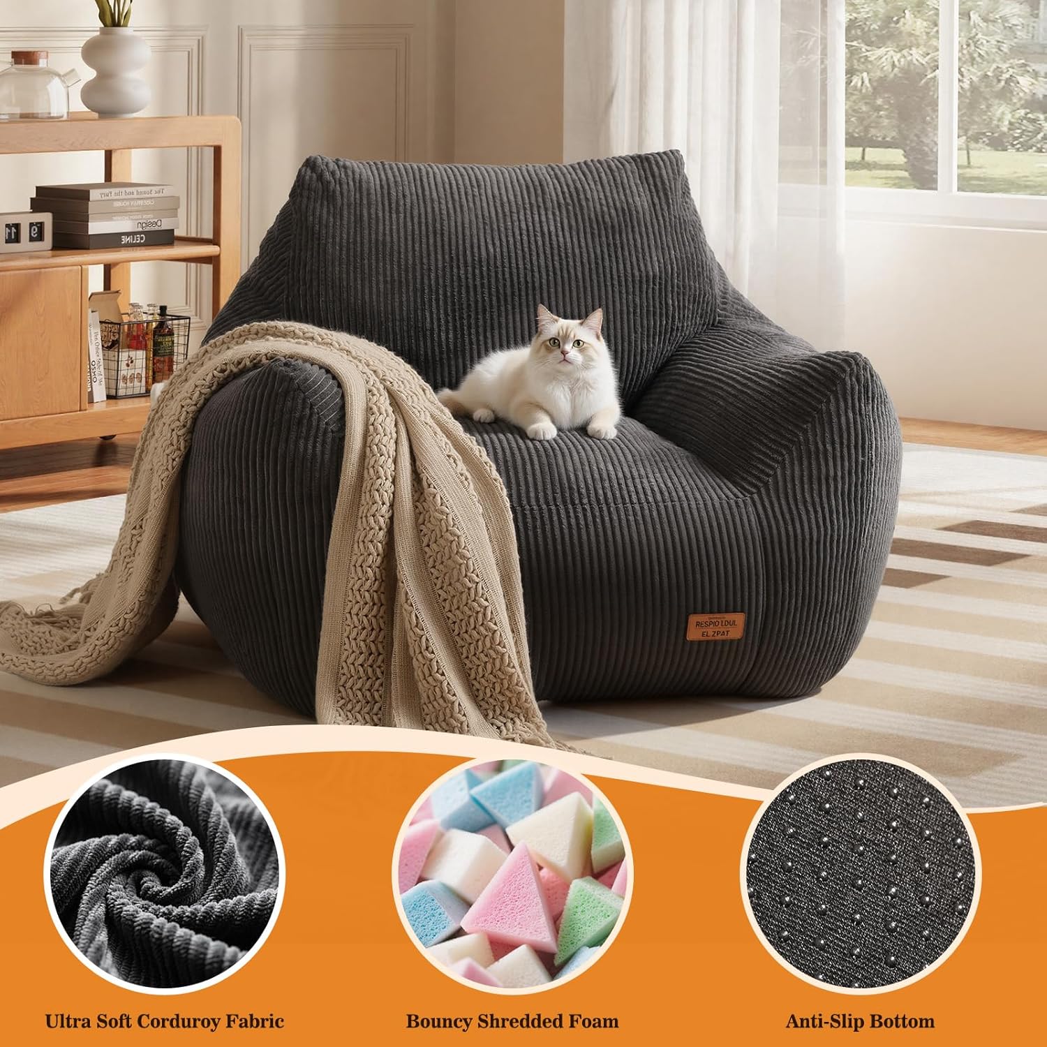 Big Bean Bag Chair for Adults, Ultra Soft Living Room Bean Bag with Armrests, Stuffed BeanBag Chair for Napping, Gaming, Vacuum-Compressed for Easy Gifting, 48 Hours to Fluffs Up, Dark Gray