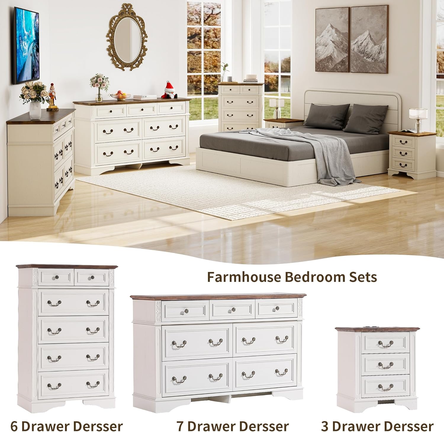 Farmhouse Dresser and Nightstand Sets, 6-Drawer with 7 Drawer Dresser & 3 Drawer Nightstand Sets, 4 Pieces Rustic Wood Bedroom Furniture Set for Home, Bedroom, Hallway(White)