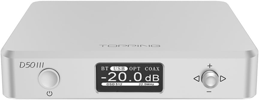 TOPPING D50 III 2*ES9039Q2M DAC, USB/BT5.1/Optical/Coaxial to RCA/TRS Audio DAC, Type-C Bluetooth 5.1 SPDIF Input Digital-Analog Converter, Hi-Res Audio DAC, Home Audio DAC with 12V Trigger (Silver)