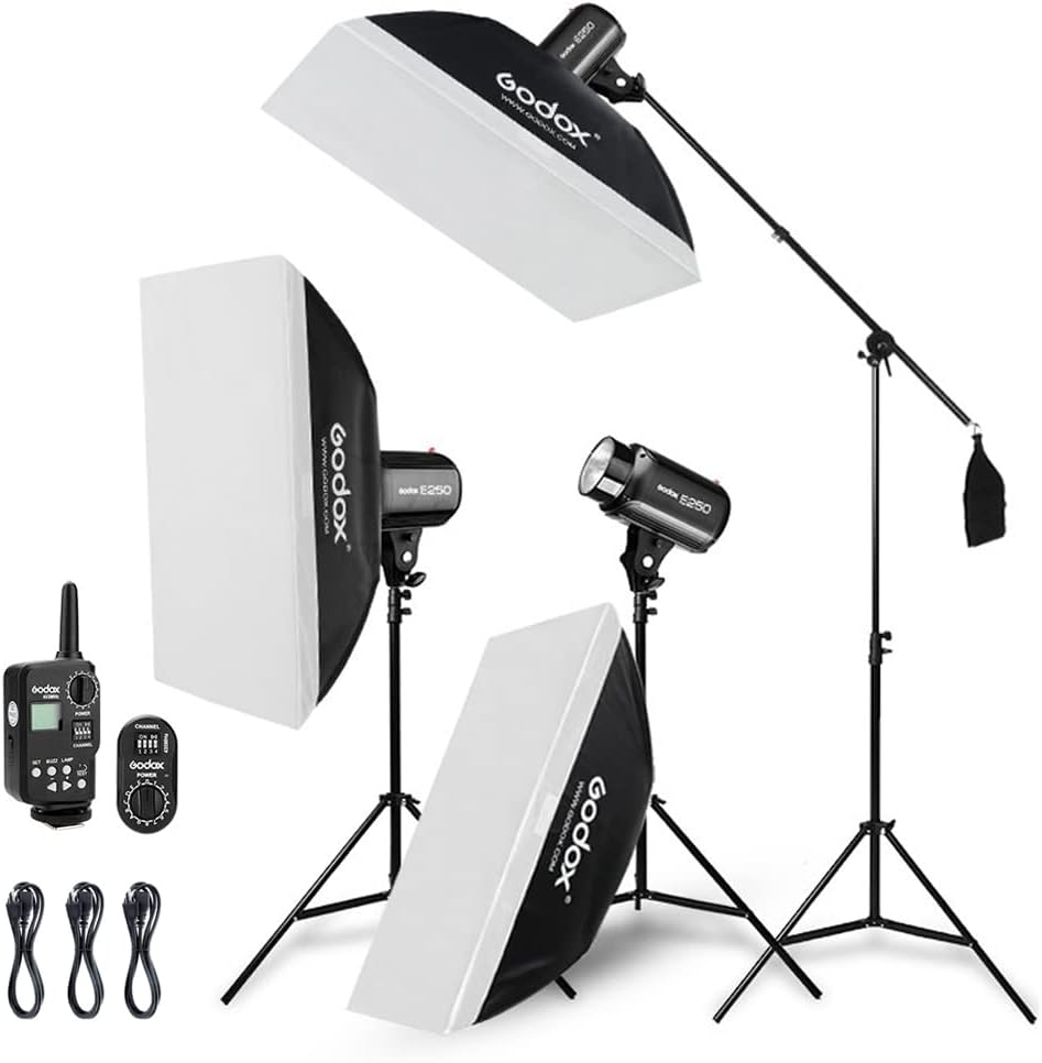 Godox 750W Professional Studio Strobe Flash Light Kit, 3-Light Godox Strobe Lighting Kit for Photography, 3x250W 5600K Monolights with Strobe Trigger, Softbox, Light Stands, Boom Arm