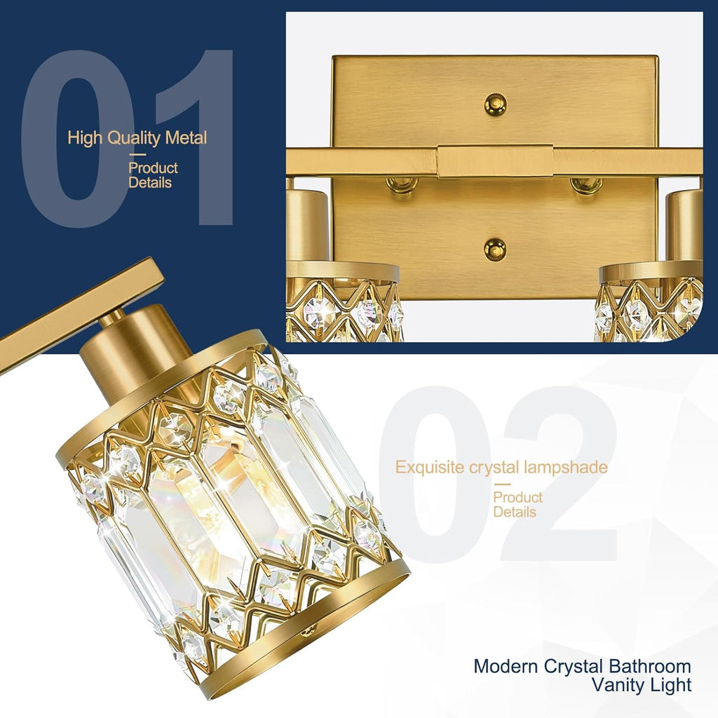 Crystal Modern Bathroom Light Fixtures, 4-Light Brushed Gold Bathroom Vanity Wall Light, Vanity Lights for Mirror, Restroom, Bedroom (E26 Socket, Bulbs Not Included)