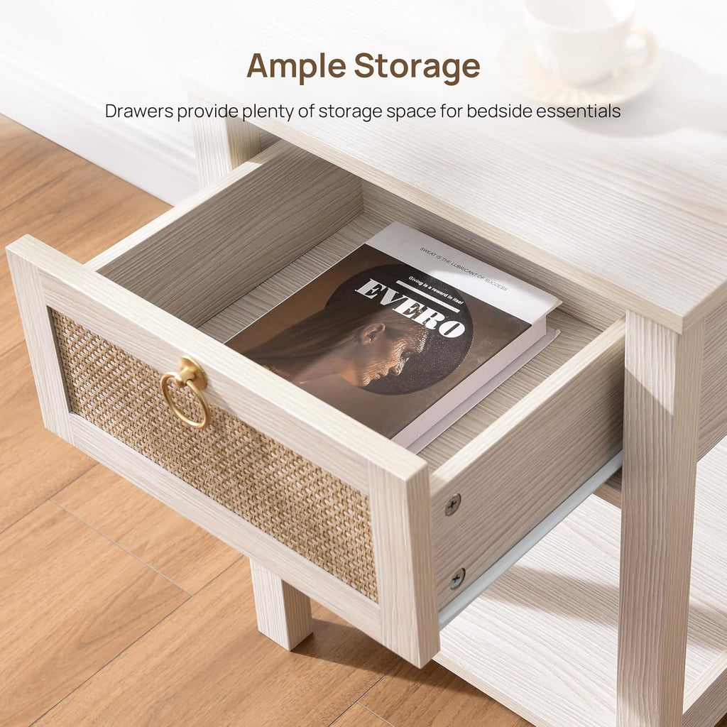 SICOTAS White Nightstand Set of 2,Rattan Decor Drawer with Brass Knobs Night Stand Bedside Table Boho End Tables Side Tables with Storage Shelf for Bedroom,Small Space