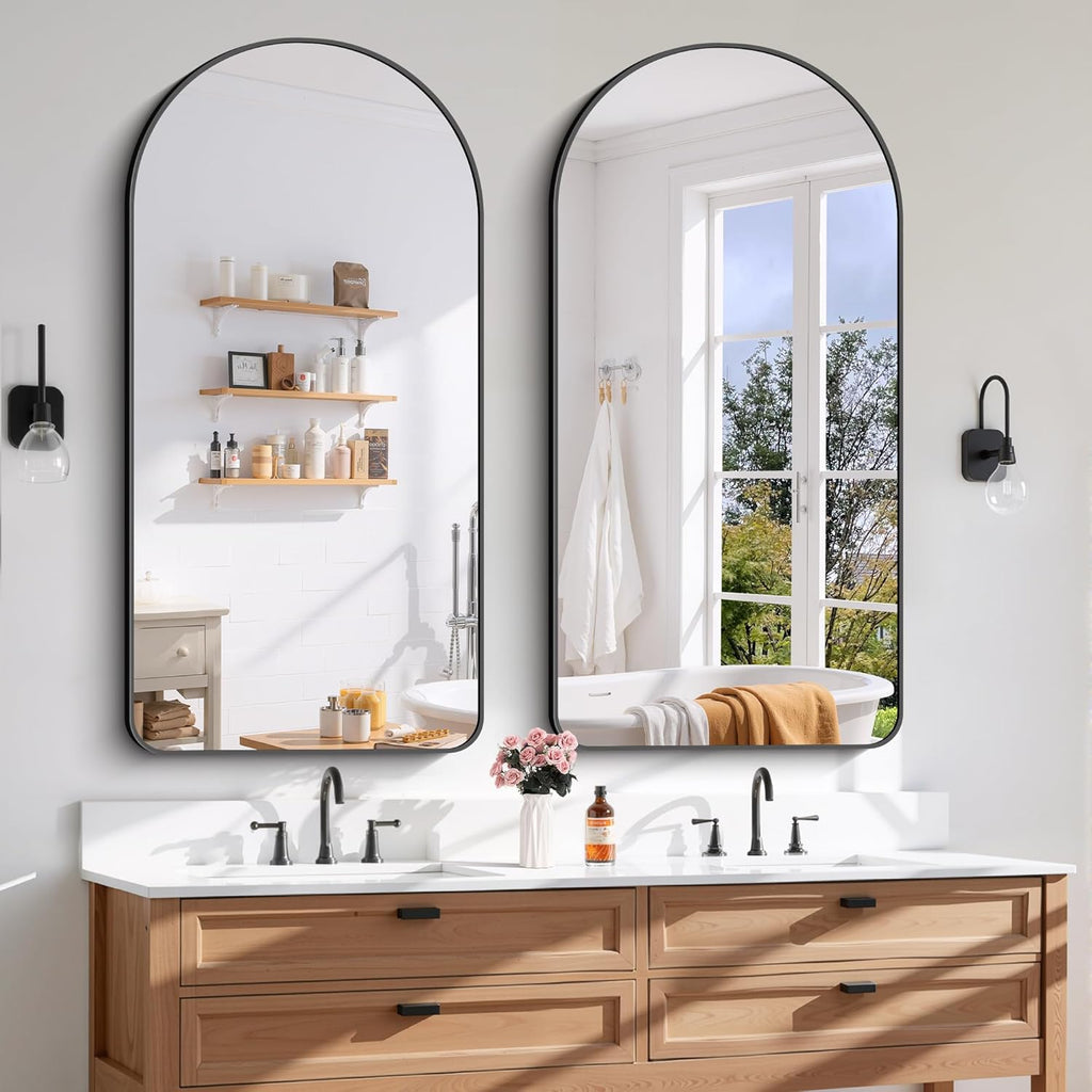 Arched Bathroom Mirror, 24"x48" Black Arched Mirror for Bathroom, Wall Mounted Mirror, Black Vanity Wall Mirror w/Metal Frame for Bedroom, Entryway, Living Room, Vertically Hanging