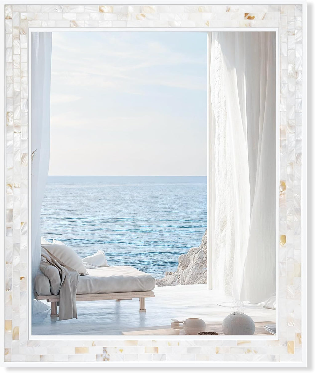 Tanmicoshomy 30 x 40 Inch White Bathroom Mirror, Coastal Natural Shell Framed Rectangle Mirrors for Bedroom, Living Room Wall Decor, Horizontal or Vertical Hanging