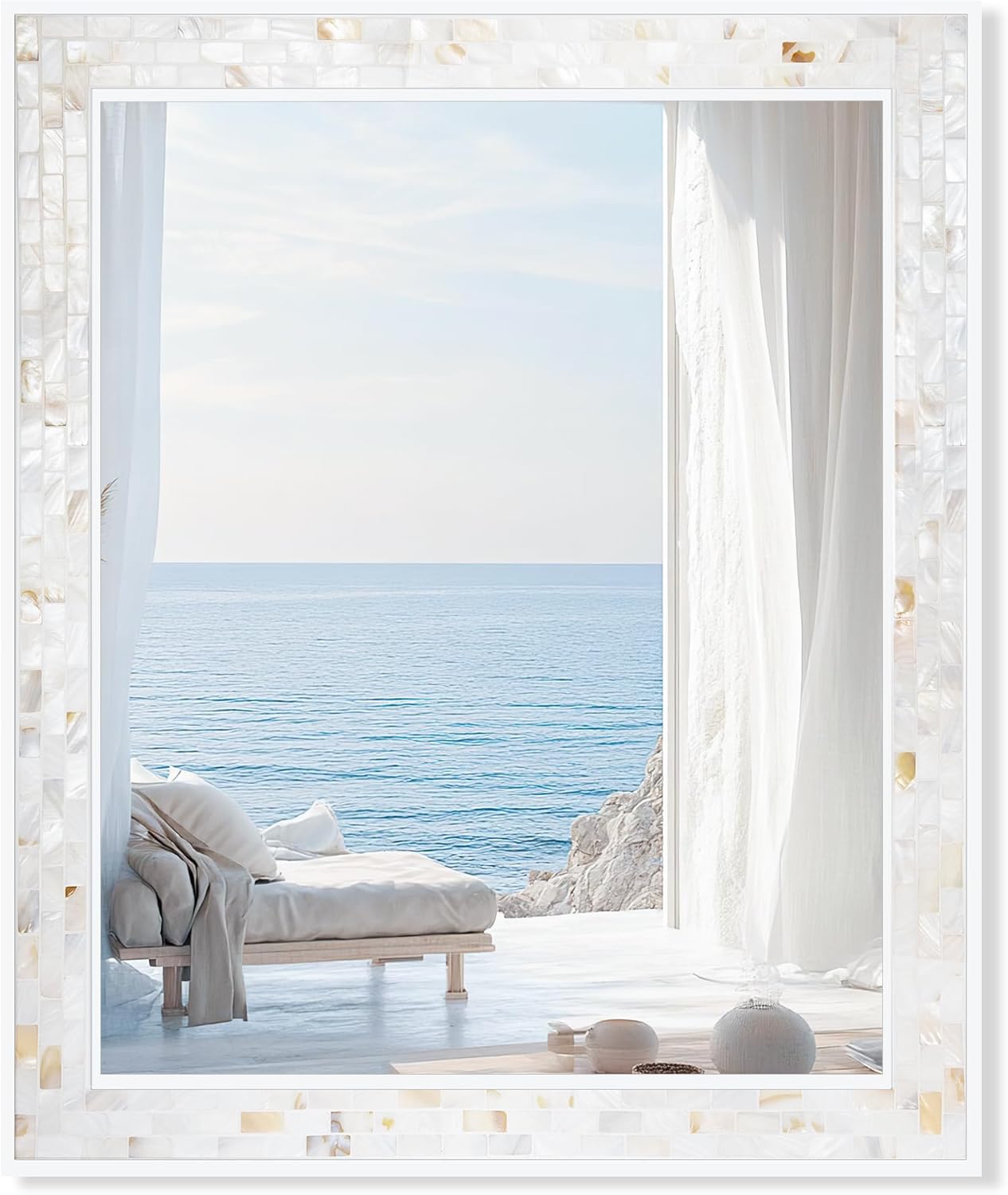 Tanmicoshomy 30 x 40 Inch White Bathroom Mirror, Coastal Natural Shell Framed Rectangle Mirrors for Bedroom, Living Room Wall Decor, Horizontal or Vertical Hanging