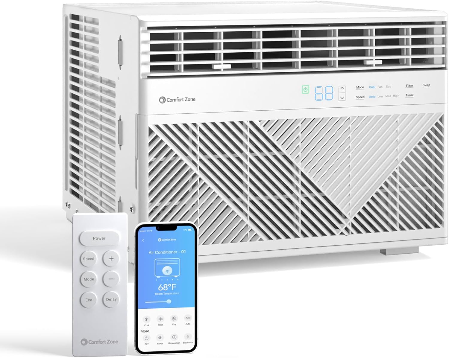 Comfort Zone Window Mounted Smart Wi-Fi Room Air Conditioner with Remote Control, 10,000 BTU, Digital Display, 4 Speed Settings, 4 Mode Settings, 24-Hour Timer, Sleep Setting, and Eco Mode, CZ12759