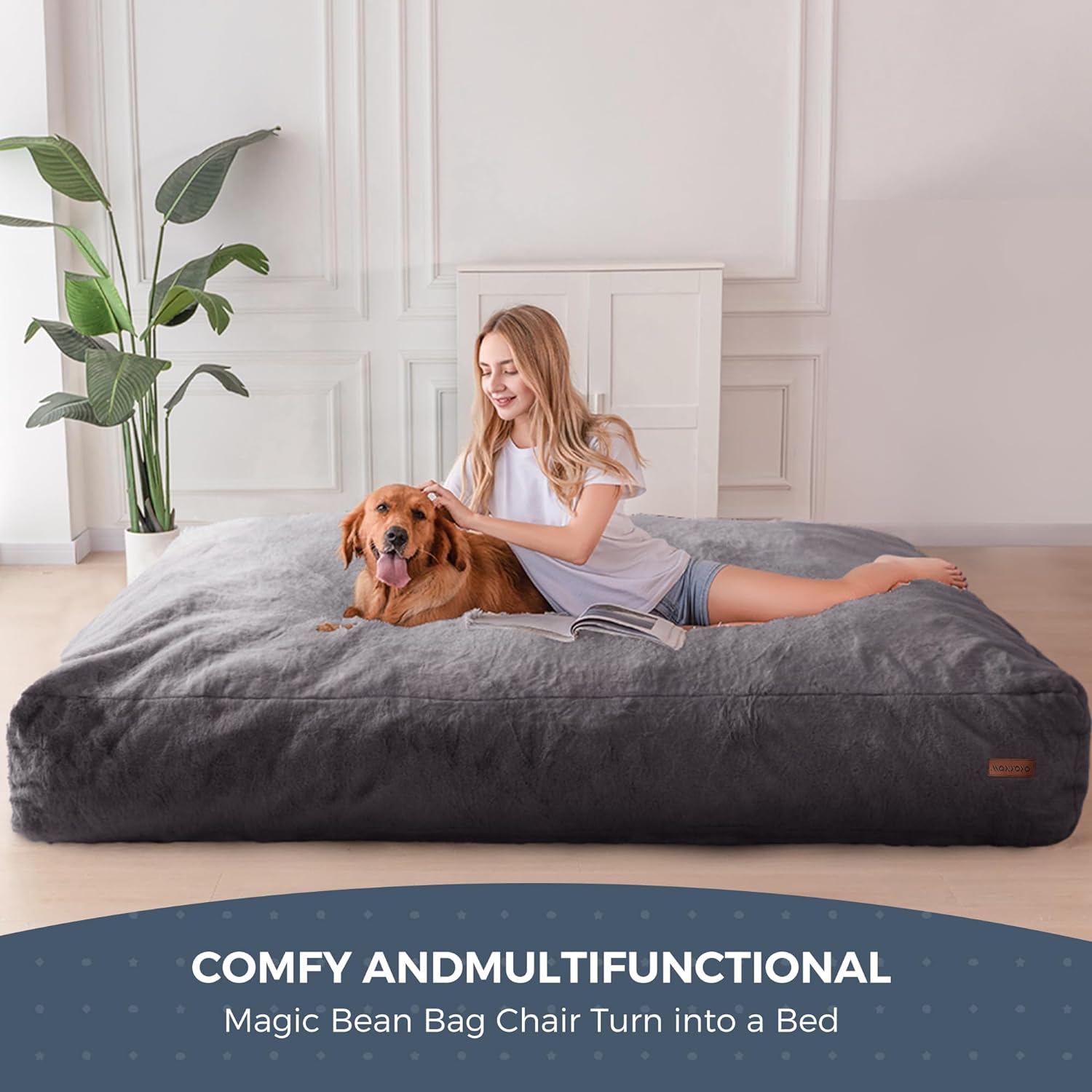 MAXYOYO Giant Bean Bag Chair Bed for Adults, Convertible Beanbag Folds from Lazy Chair to Floor Mattress Bed, Large Floor Sofa Couch, Big Sofa Bed, High-Density Foam Filling, Machine Washable