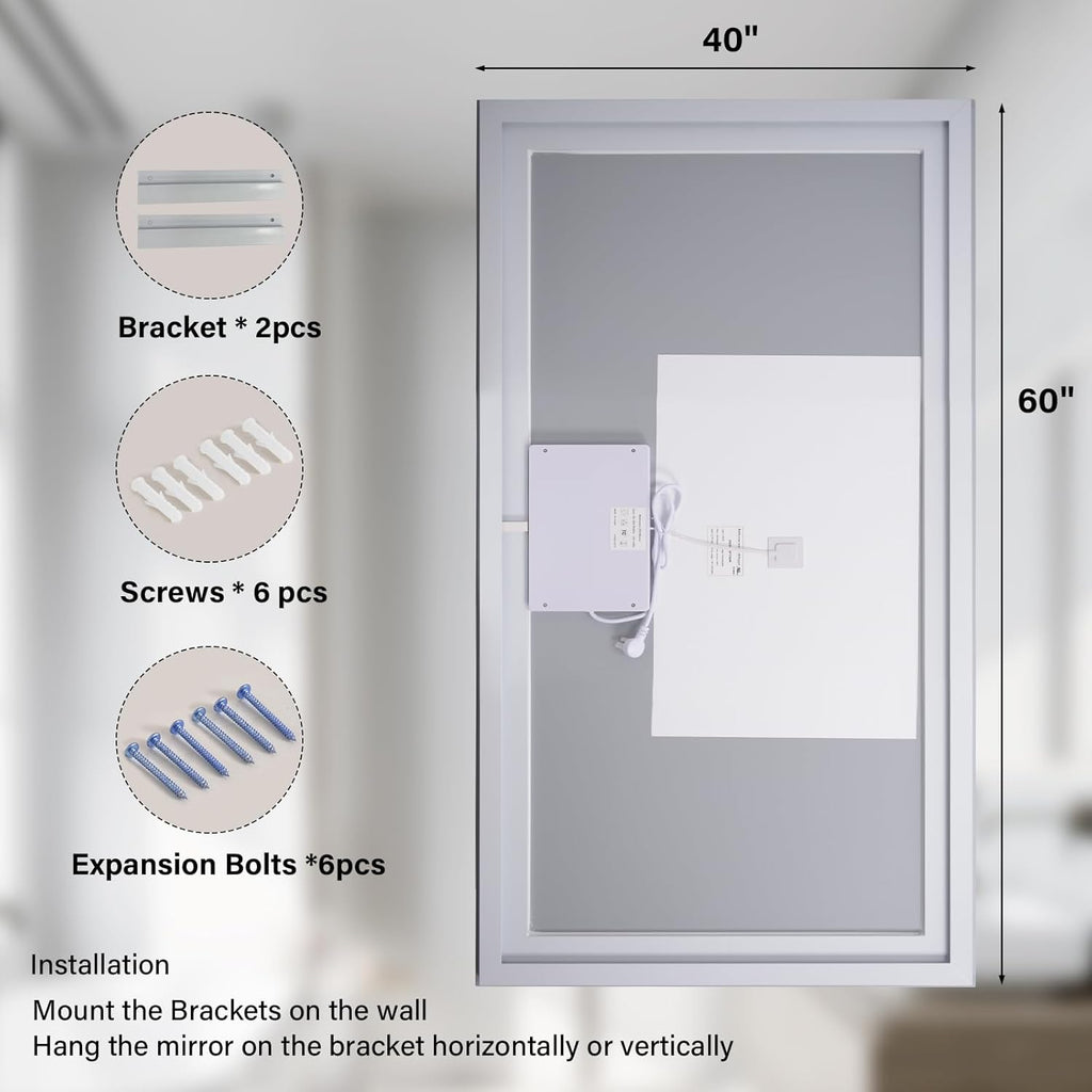 XRAMFY 40"x 60"LED Bathroom Mirror, Backlit + Front Lit, LED Bathroom Mirror with Lights for Wall, 3 Colors, Anti-Fog, Dimmable Brightness, Tempered Glass