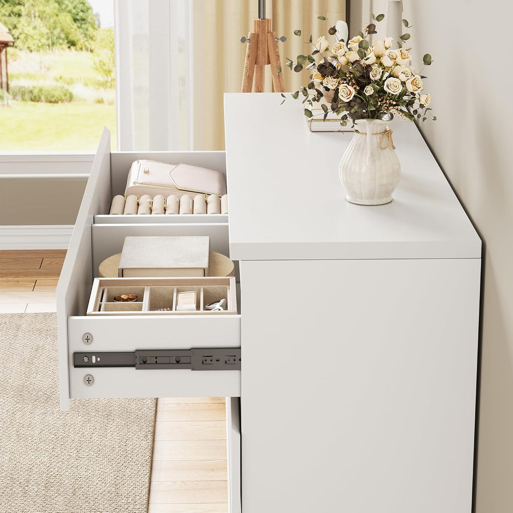 Jocoevol White 6 Drawer Dresser for Bedroom, 15.3" D x 47.2" W x 32.3" H in Simply Modern Chest of Drawers, Wood Storage Double Dresser with Deep Drawers for Living Room, Hallway Entryway, White
