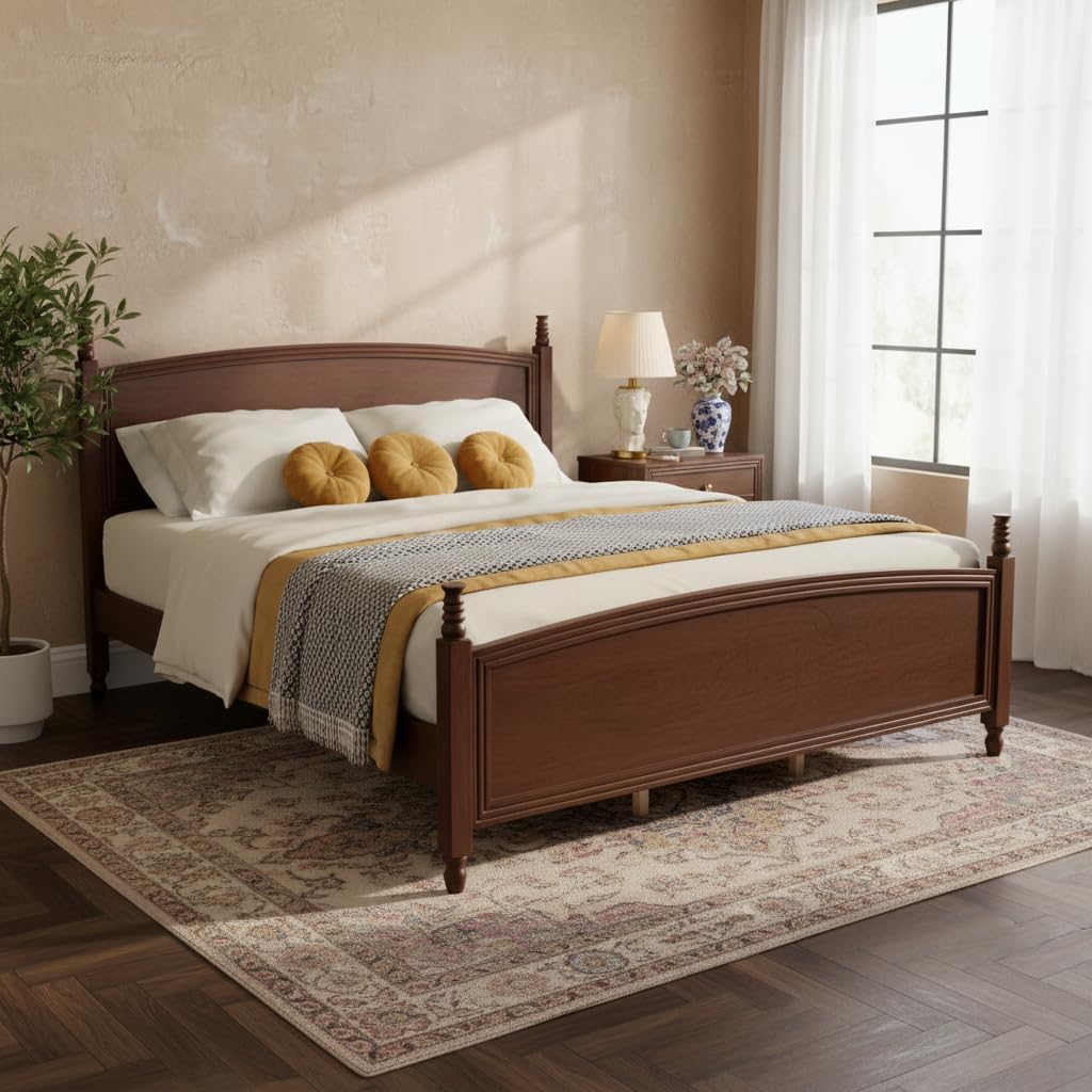 Christopher Knight Home King Bed Frame with Curved Headboard & Footboard, Solid Pine Wood Platform Bed Frame King Size, Mid Century Modern Bedframe with Wood Slat Support, No Box Spring Needed, Walnut