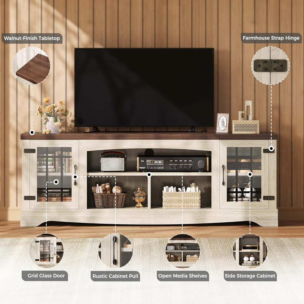 IRONCK Farmhouse TV Stand for 75 Inch TV, Rustic Entertainment Center with Storage Cabinets & Open Shelves, Grid Glass Doors, Media Console for Living Room, Bedroom(Light Oak & Walnut)
