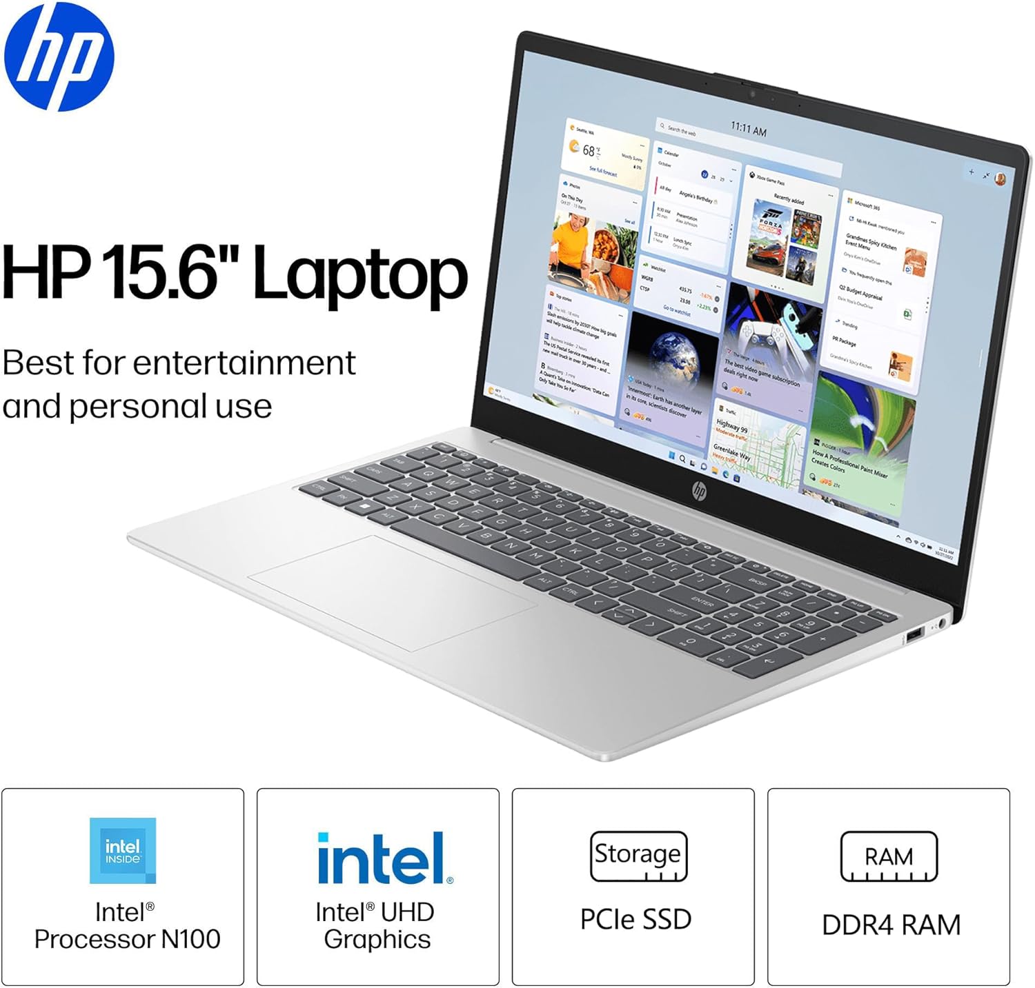 HP 15.6" Pavilion Laptop Computer PC, Intel N100 (16GB RAM, 256GB SSD) Lifetime Office 365, Portable Design & Long Battery Life, for Home Daily use, Windows 11 Home, Silver