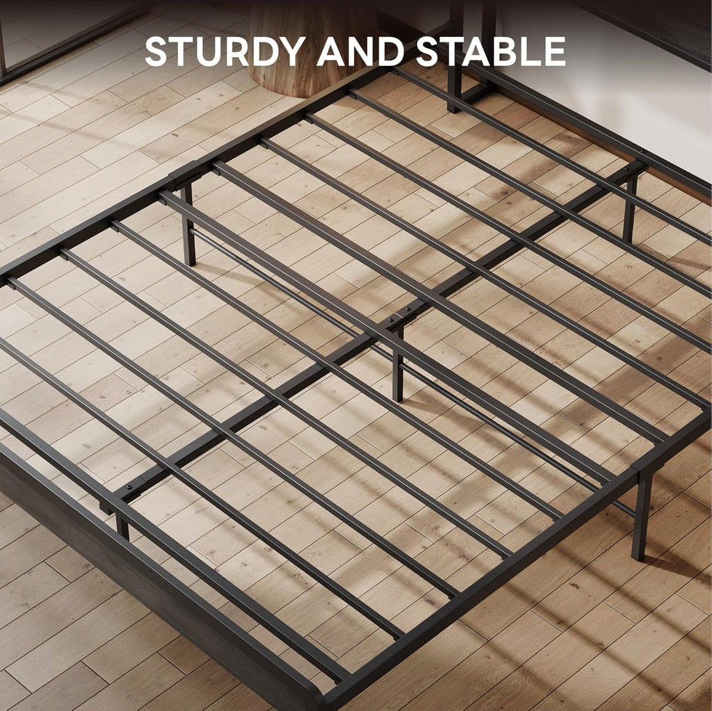 LIKIMIO Queen Bed Frame with Headboard, Dark Wood Camas Queen with Strong Supports, Sturdy, Noise-Free, No Box Spring Needed, Grey