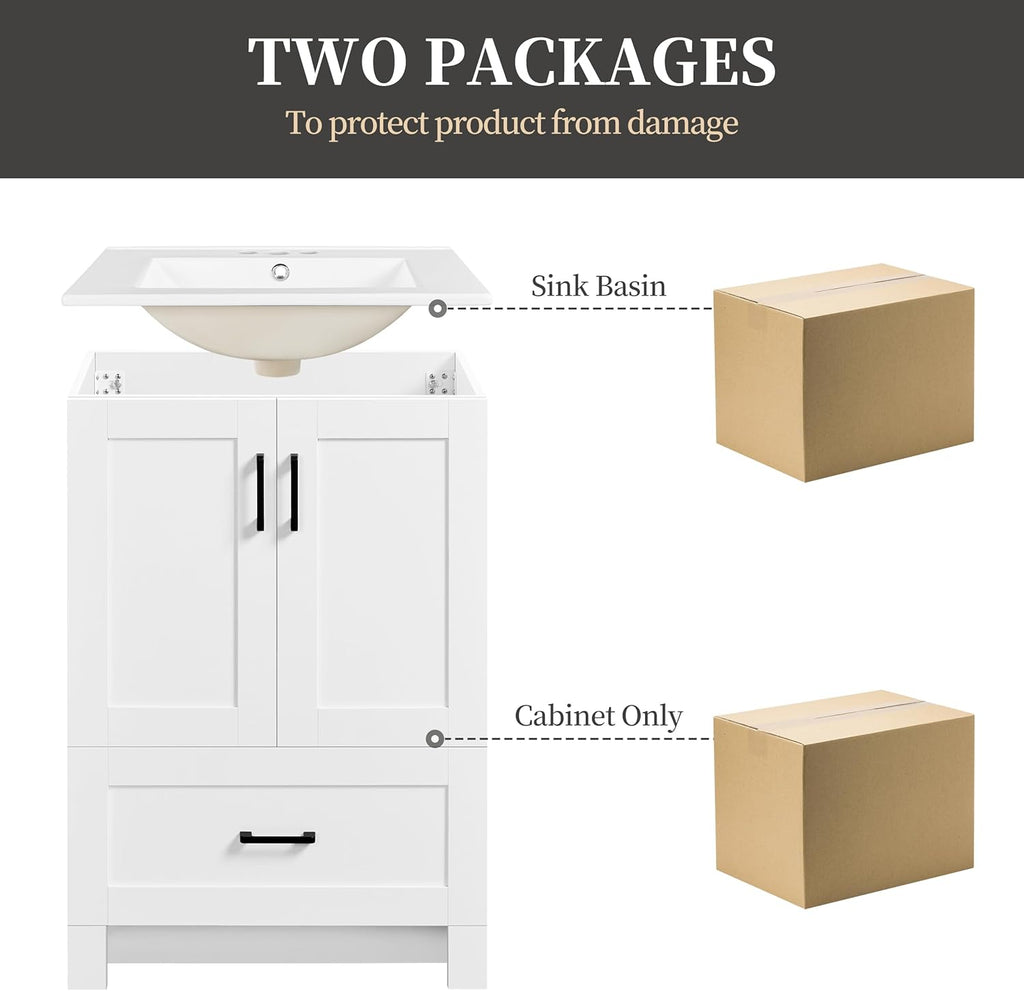 Yaheetech 24.5" Modern Bathroom Vanity with Ceramic Basin, Undermount Vanity Sink Cabinet with 2 Doors and 1 Drawer, Free Standing Bathroom Storage Cabinet with Sink Combo Set, White