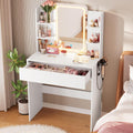 HAIOOU Small Vanity Desk with Mirror and Lights, Makeup Vanity Desk with Storage Drawer, Compact Dressing Table with 3-Tier Open Shelf for Girls Women Bedroom (White)