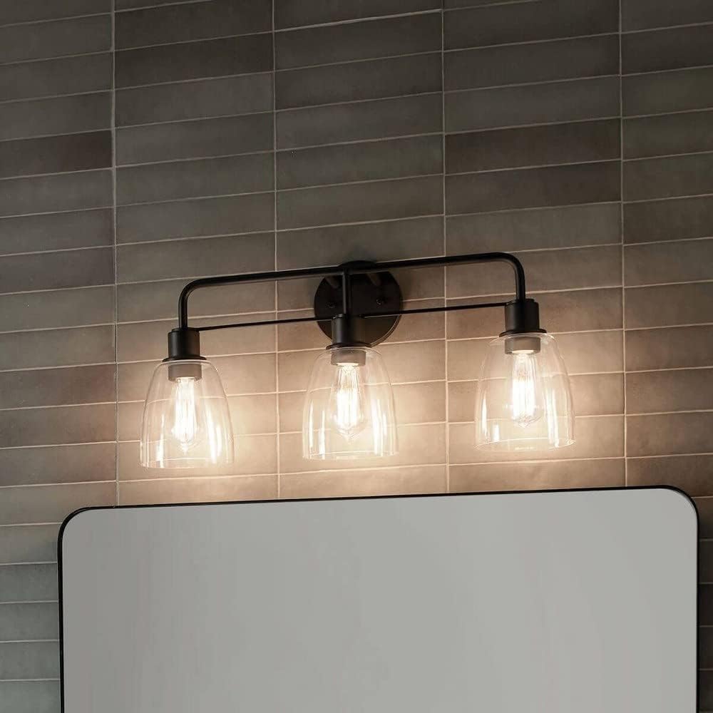 Kichler Meller 24 in 3-Light Bathroom Vanity Light Fixture with Clear Glass in Black for Modern Bathroom Lighting over Mirror, Wall Mount Sconce (7 in x 11.25 in x 24 in), 55102BK