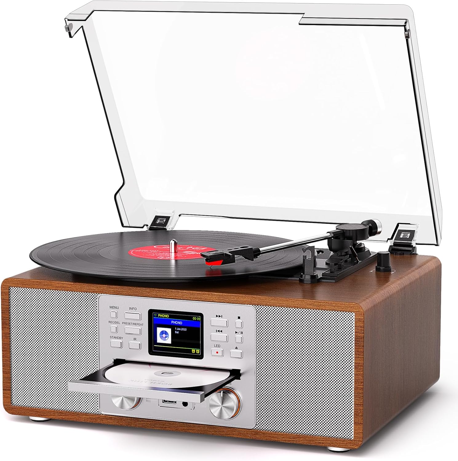 10-in-1 Retro Bluetooth Record Player with Built-in Stereo Speakers | All-in-One 3-Speed Turntable for Vinyl, CD, MP3, USB/SD, Internet Radio | MP3 Recording | Vintage Multimedia Center