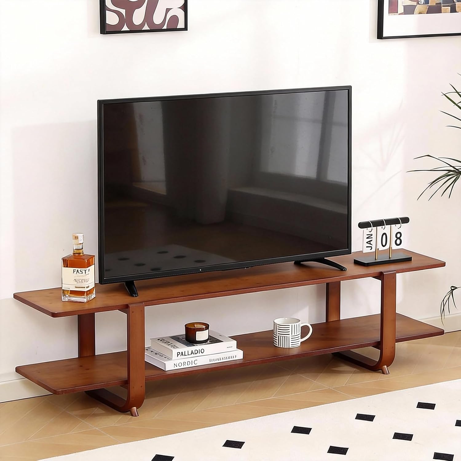 Tiita TV Stand with Storage for TVs up to 65'', Bamboo TV Console Entertainment Center with 2 Open Shelf, Mid Century Modern Media Console for Living Room, Bedroom, Walnut