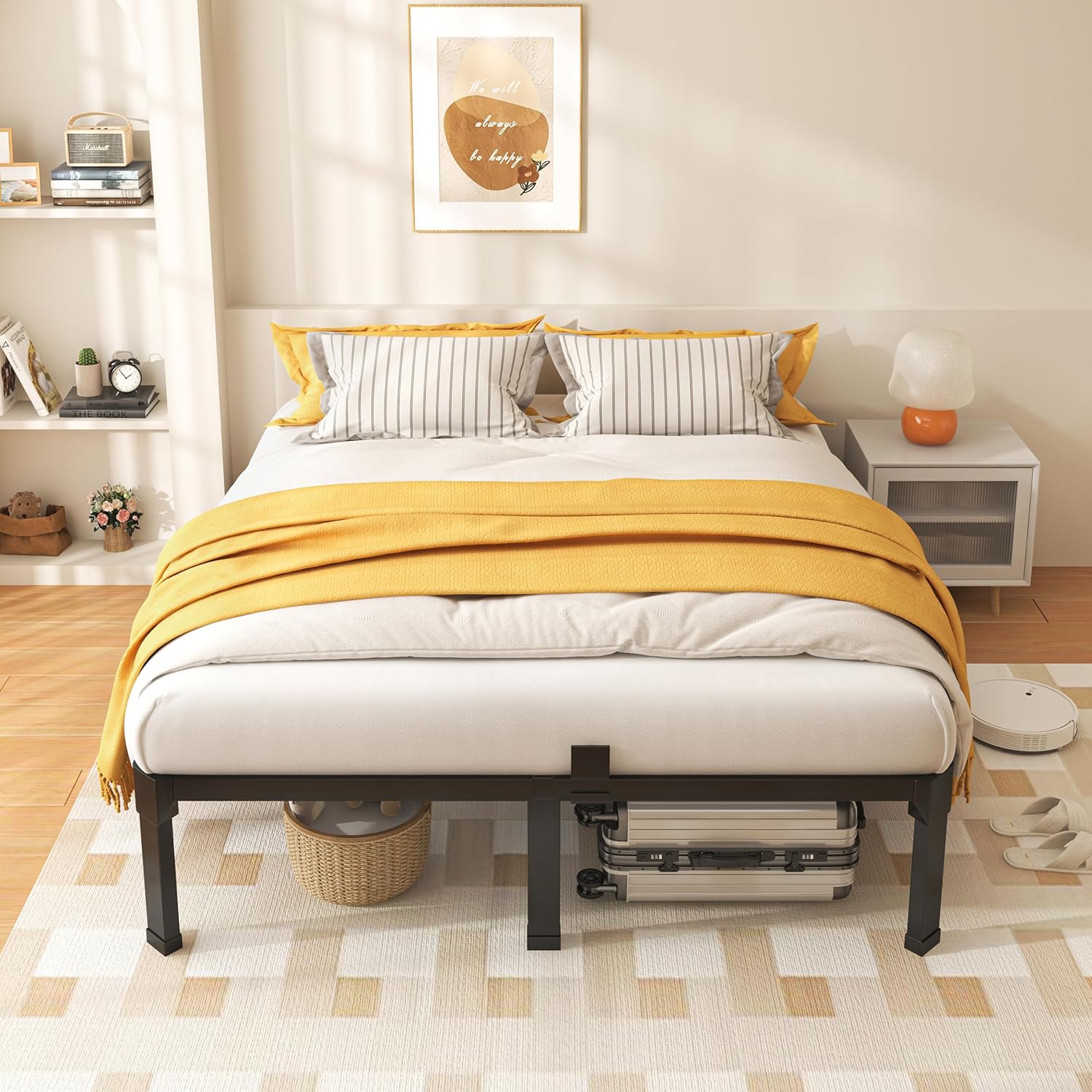 ROIL 14 Inch Full Size Bed Frame with Mattress Slide Stopper - Double Black Basic Anti Squeak Steel Slats Metal Platform, Heavy Duty Noise Free Easy Assembly Bedframes, No Box Spring Needed