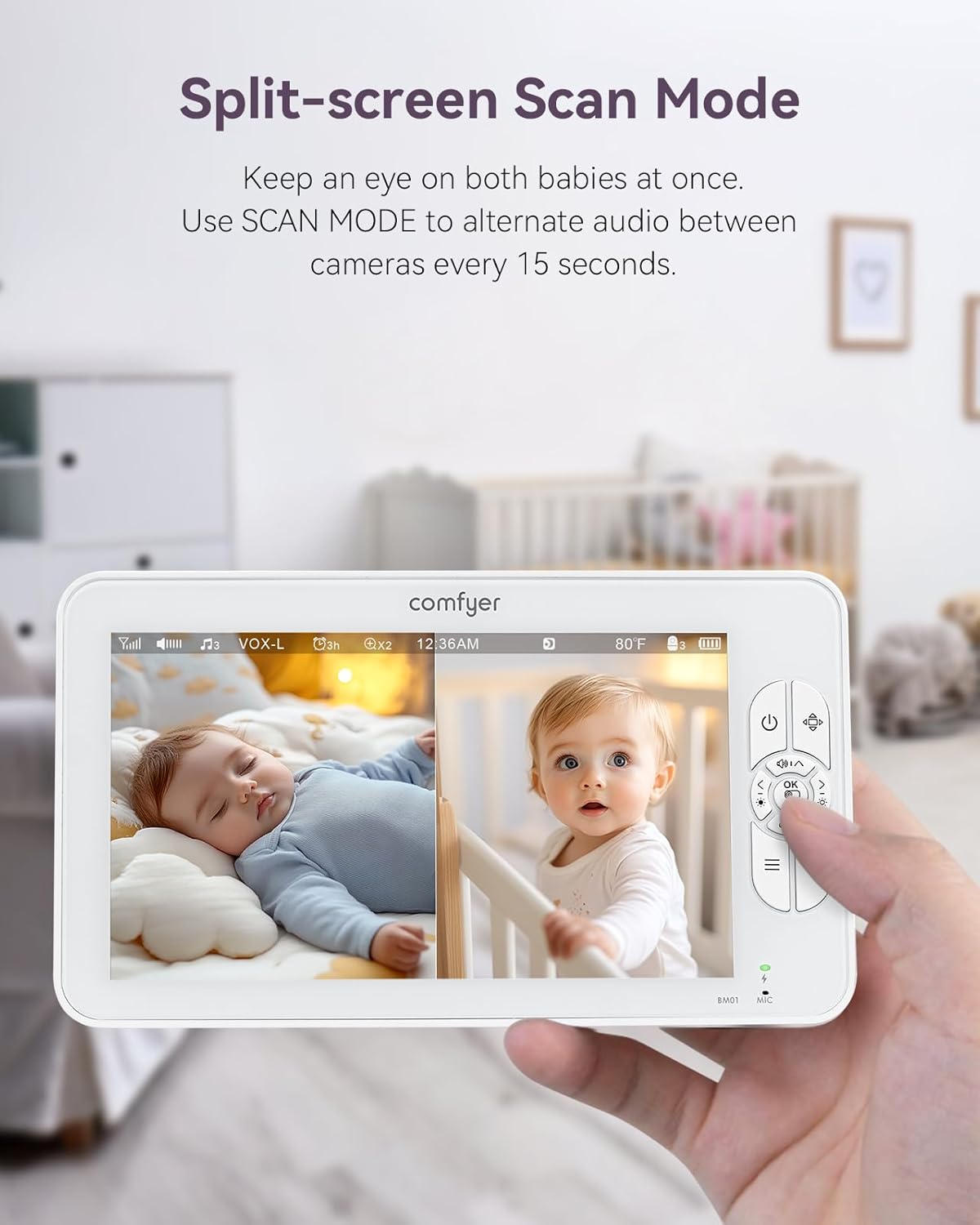 Comfyer BM01 7" HD Split-Screen Baby Monitor with 2 1080P Cameras, 48 Hrs 6000mAh Battery Runs 2 Days in VOX Mode, No WiFi Monitor with a Flexible Bracket, 2 Way Audio, Remote PTZ, Auto Night Vision