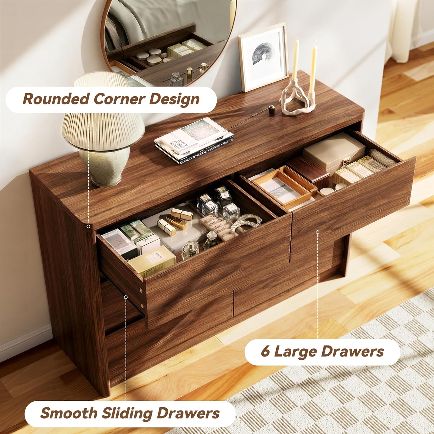3 Pieces of Dresser and Nightstand Set,47.2 Inch Width 6-Drawer Dresser & 2-Drawer Nightstands Set of 2,Nightstand with USB&Type C Charging Station&Outlets, Modern Design for Bedroom, Walnut
