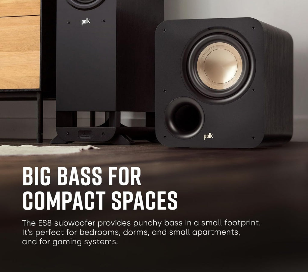 Polk Audio Signature Elite ES8 Powered Subwoofer (Black), 8" Long-Throw Woofer with Mineral-Filled Polymer Cone, 100W Class D Amplifier, Front Firing Home Subwoofer, Time-Smart Phase Control