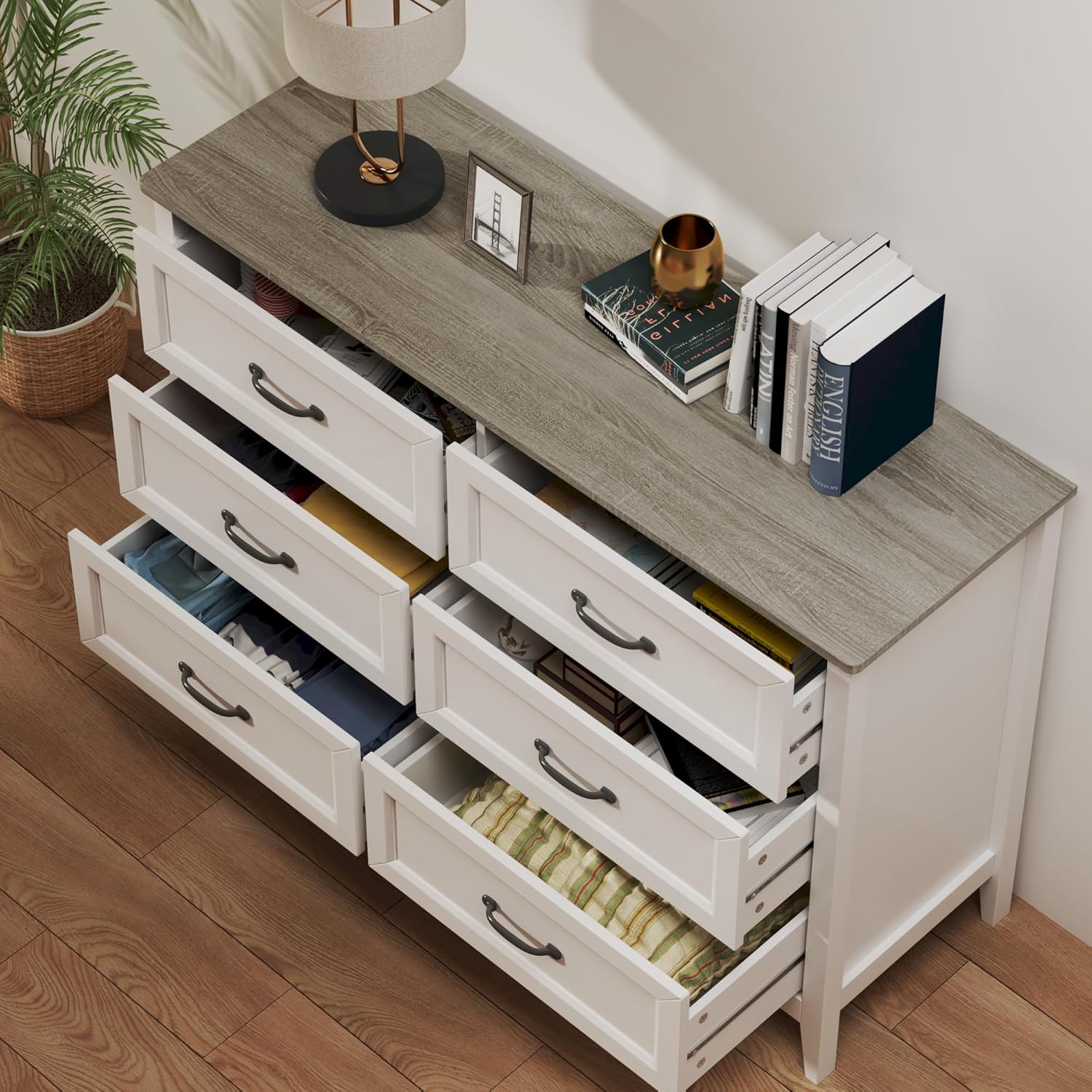 Gizoon 2-Piece Bedroom Furniture Set, Includes 44.8" H 5 Drawer Dresser and 43.3" W 6 Chest of Drawers, Modern Bedroom Dresser Set, with Smooth Rail, Metal Handles, Anti-tip Device, Grey Tabletop