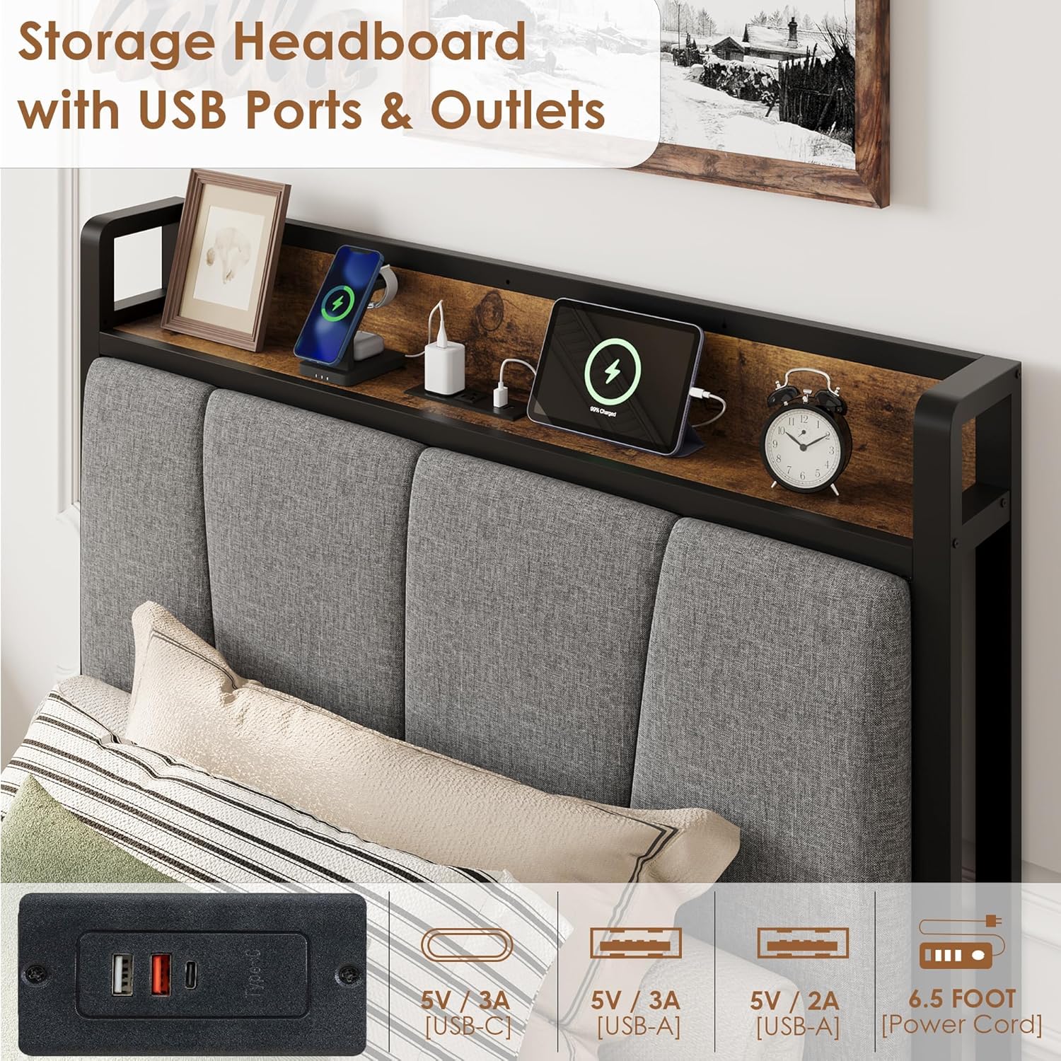 GAOMON Twin Size Bed Frame with 2 Storage Drawers and Charging Station, Rustic Linen Upholstered Platform Bedframe with Storage Headboard, Heavy Duty, No Box Spring Needed, Easy Assembly, Noise Free