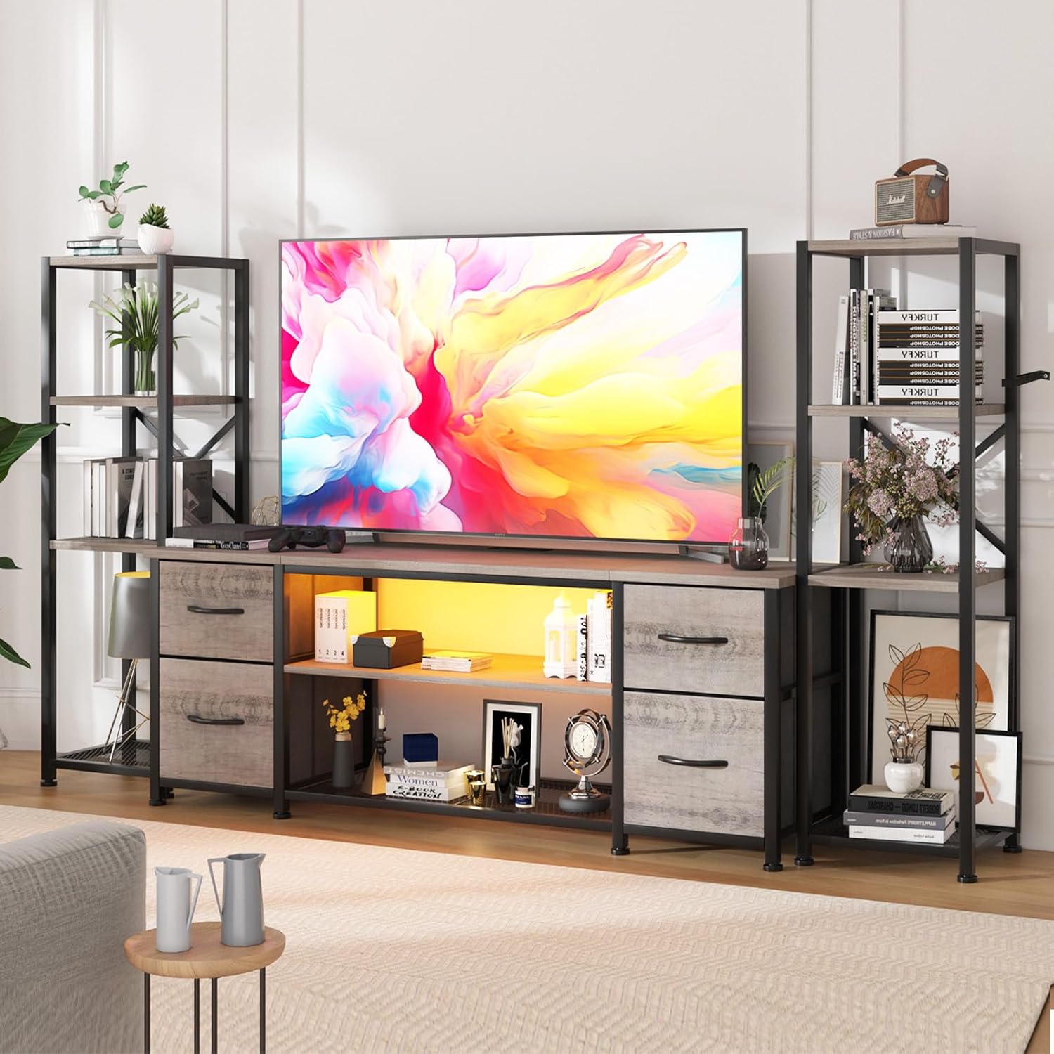 Yenlure LED TV Stand Bookshelf Combo with Charging Station for 65 60 55 Inch TV, Entertainment Center with Lights & Drawers, Industrial Media TV Console Table for Living Room Bedroom Office, Greige