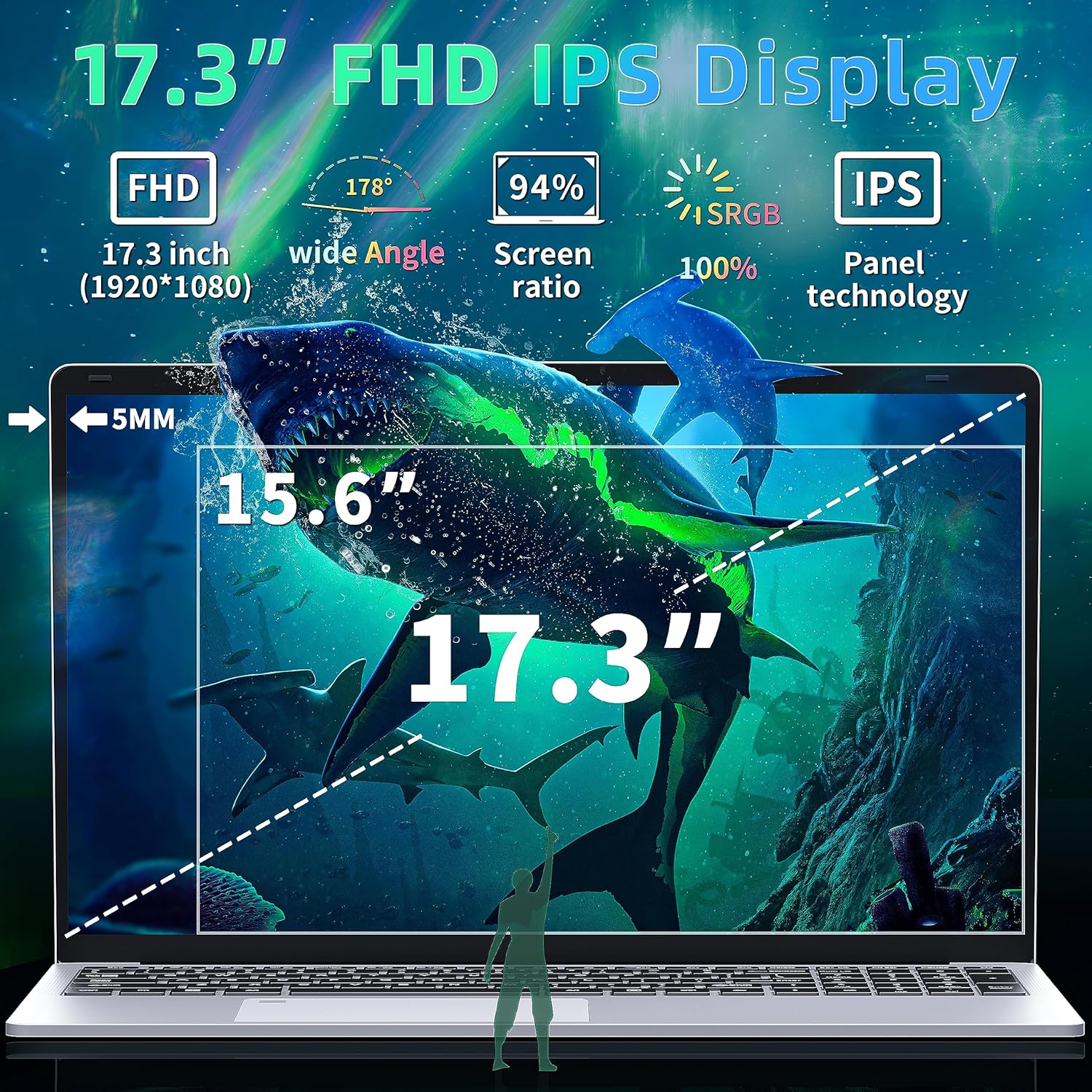 17.3" FHD(1920 x 1080) IPS Business Laptop Computer, 16GB DDR4 RAM 512GB SSD, Celeron N5095 Quad-Core Processor,Win 11 Pro PC, HDMI, Fingerprint Reader, Backlit KB,BT 5.0/WiFi,Silver