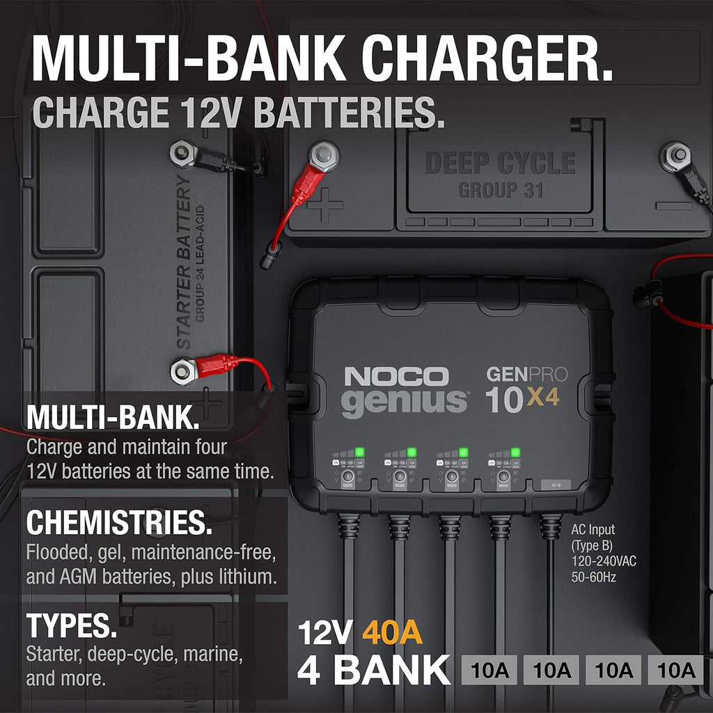 NOCO Genius GENPRO10X4: 4-Bank, 40A Onboard Battery Charger - 10A Per Bank, 12V Waterproof Marine Charger with Overcharge Protection & Temperature Compensation – for Lead-Acid & Lithium Batteries