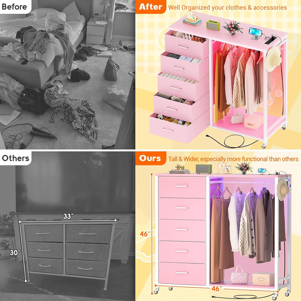 Cyclysio Dresser with Hanging Rack, 5 Fabric Drawers Dresser with Clothes Rack, Wooden Top Storage Chest of Drawers with Charging Station & LED Lights, Lockable Wheels, Closet
