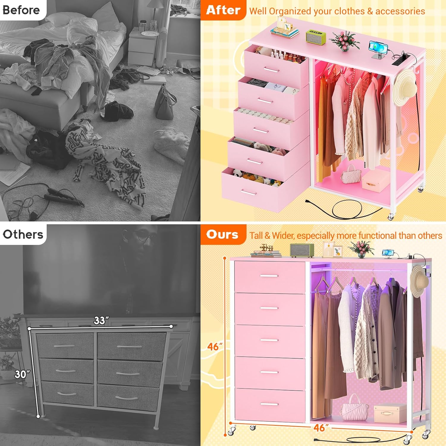 Cyclysio Dresser with Hanging Rack, 5 Fabric Drawers Dresser with Clothes Rack, Wooden Top Storage Chest of Drawers with Charging Station & LED Lights, Lockable Wheels, Closet