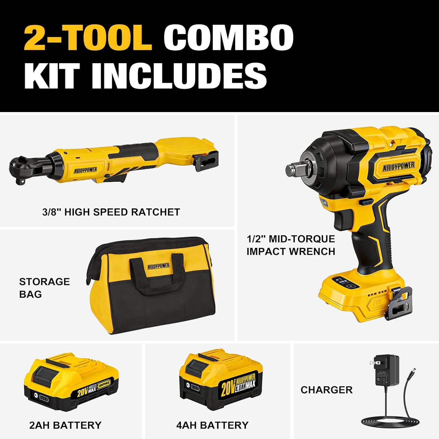 1/2'' Brushless Impact Wrench 516 ft-lbs(700 Nm) and 3/8'' Cordless Ratchet Wrench 44 ft-lbs (60 Nm),20V Wrench Combo Set, with Variable Speed, LED Light, 4.0Ah &2.0Ah Battery, Charger