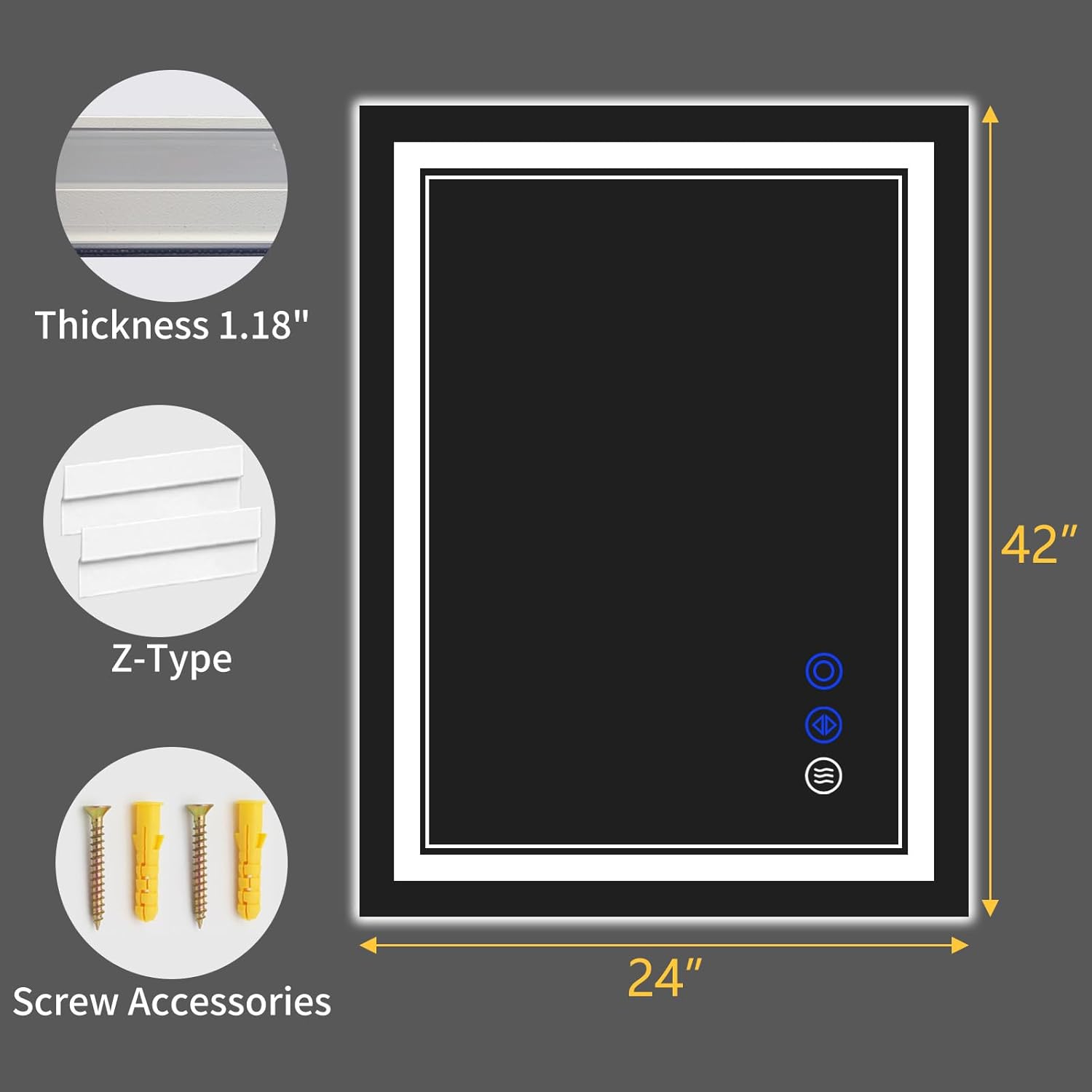 42"x24" LED Bathroom Mirror with Anti-Fog, Stepless Dimmable Lights, 3 Color Modes, Shatter-Proof Tempered Glass,Waterproof Design