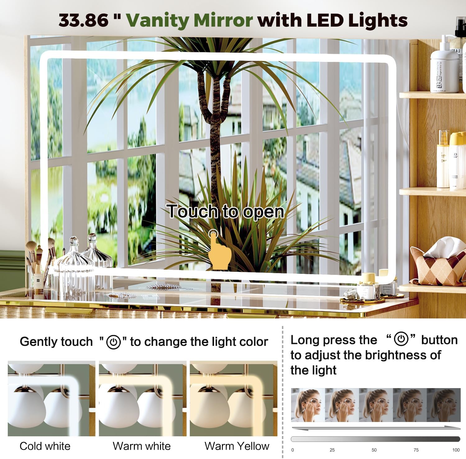 51" Vanity Desk with Power Outlet, Makeup Vanity with Mirror and Lights, 3 Lighting Modes, Vanity Table with Glass Top, 5 Drawers, and Jewelry Storage,Oak