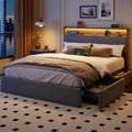Forestell Queen Bed Frame with 4 Drawers and Storage Headboard, Grey Upholstered Platform Bed Frame Queen Size with Charging Station and LED Lights, Metal Slats Support, No Box Spring Needed