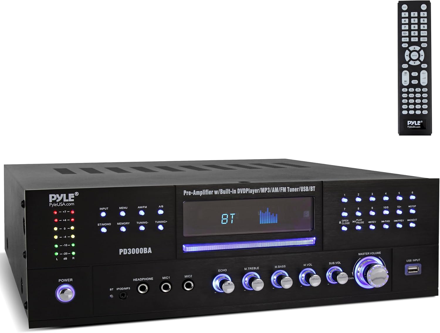 Pyle 4 Channel Bluetooth Home Amplifier - Front Loading DVD/CD Player - 3000W Peak Stereo Receiver - 2 Mic Inputs w/ Echo, FM Radio,Optical In,USB,RCA,Composite, LED Level Meter, Rack Mount - PD3000BA