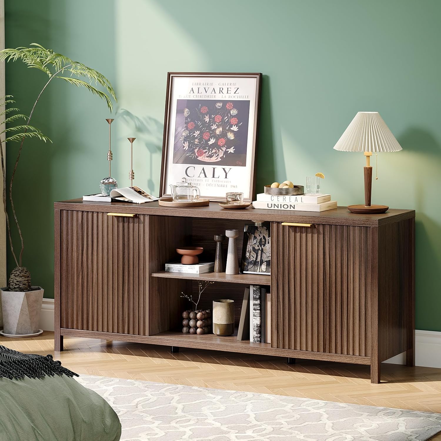 VINGLI 57.8" Fluted TV Stand for TVs up to 70 Inch, Mid-Century Modern Entertainment Center with Adjustable Shelves & Cabinet Storage, Natural Wood TV Stand for Living Room, Walnut
