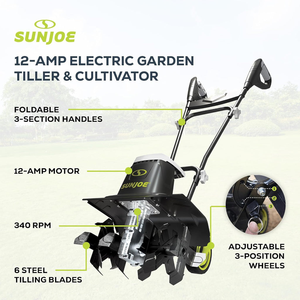 Sun Joe Corded Electric Garden Tiller & Cultivator with Steel Tines, 16 In, 12-Amp Motor - Heavy-Duty Tilling Machine and Power Tools for Lawn, Yard, and Gardening Care, TJ603E