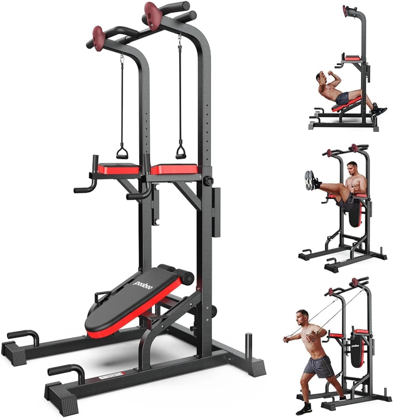 Pooboo Power Tower Dip Station Pull Up Bar for Fitness Home Gym Workout,450 Pounds Multi-Function Adjustable Height Fitness Strength Training Exercise Equipment,with Power Elastic Ropes