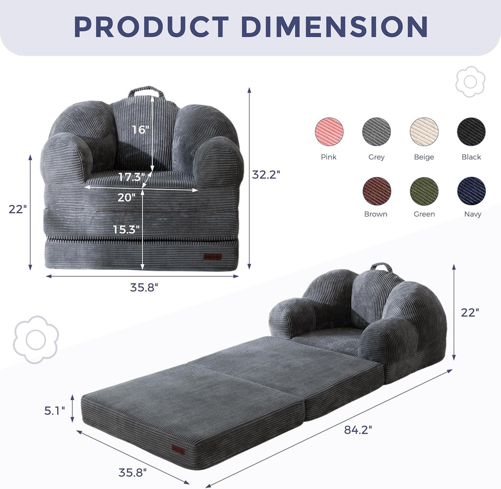 MAXYOYO Folding Sofa Bed, Floral-Shaped Convertible Floor Sofa Couch with Backrest, 2 in 1 Comfy Lounger Bean Bag Chair with Handle, Floor Single Sleeper Couch for Living Room Bedroom, Dark Grey