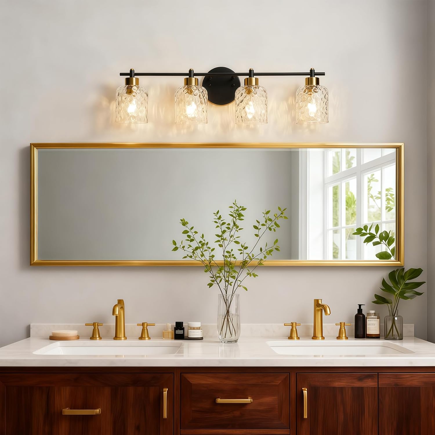 Black Bathroom Light Fixtures, 30.7" 4 Light Black and Gold Vanity Lights for Bathroom Lights with Hammered Glass, Rustic Vanity Lighting Fixtures Over Mirror