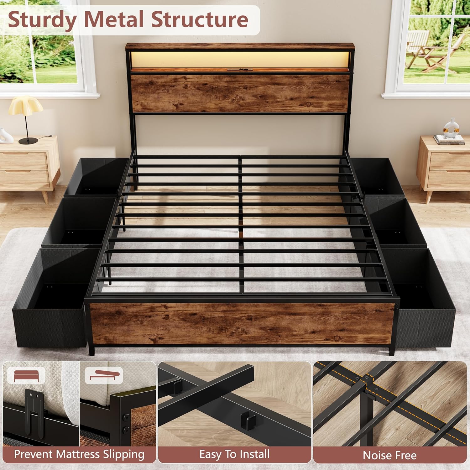 Forestell Queen Bed Frame with Headboard & 6 Drawers, Metal Platform Bed Frame Queen Size with Charging Station,LED Lights,2 Tier Shelf Storage Bedframe-No Box Spring Needed,Noise Free,Rustic Brown