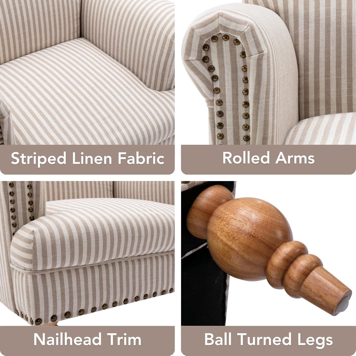 Khaki Striped Linen Fabric Accent Chairs Set of 2, Modern Farmhouse Upholstered Armchairs with Nailhead Trim & Ball Turned Legs, Cottage Club Chairs for Living Room Bedroom Guest Room