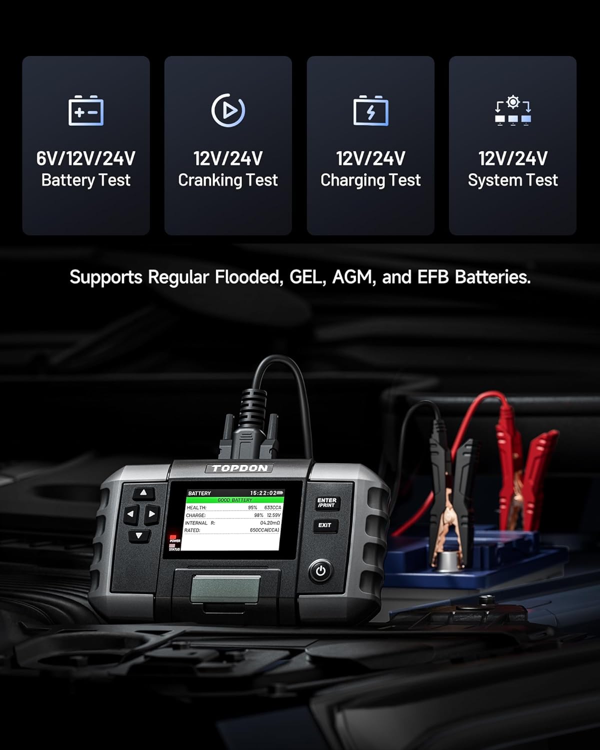TOPDON BT600 Plus Car Battery Tester, Battery Alternator for 6V/12V/24V Battery Tests, 12V/24V Cranking/Charging/System Testing, 3.5" Screen with Built-in Printer