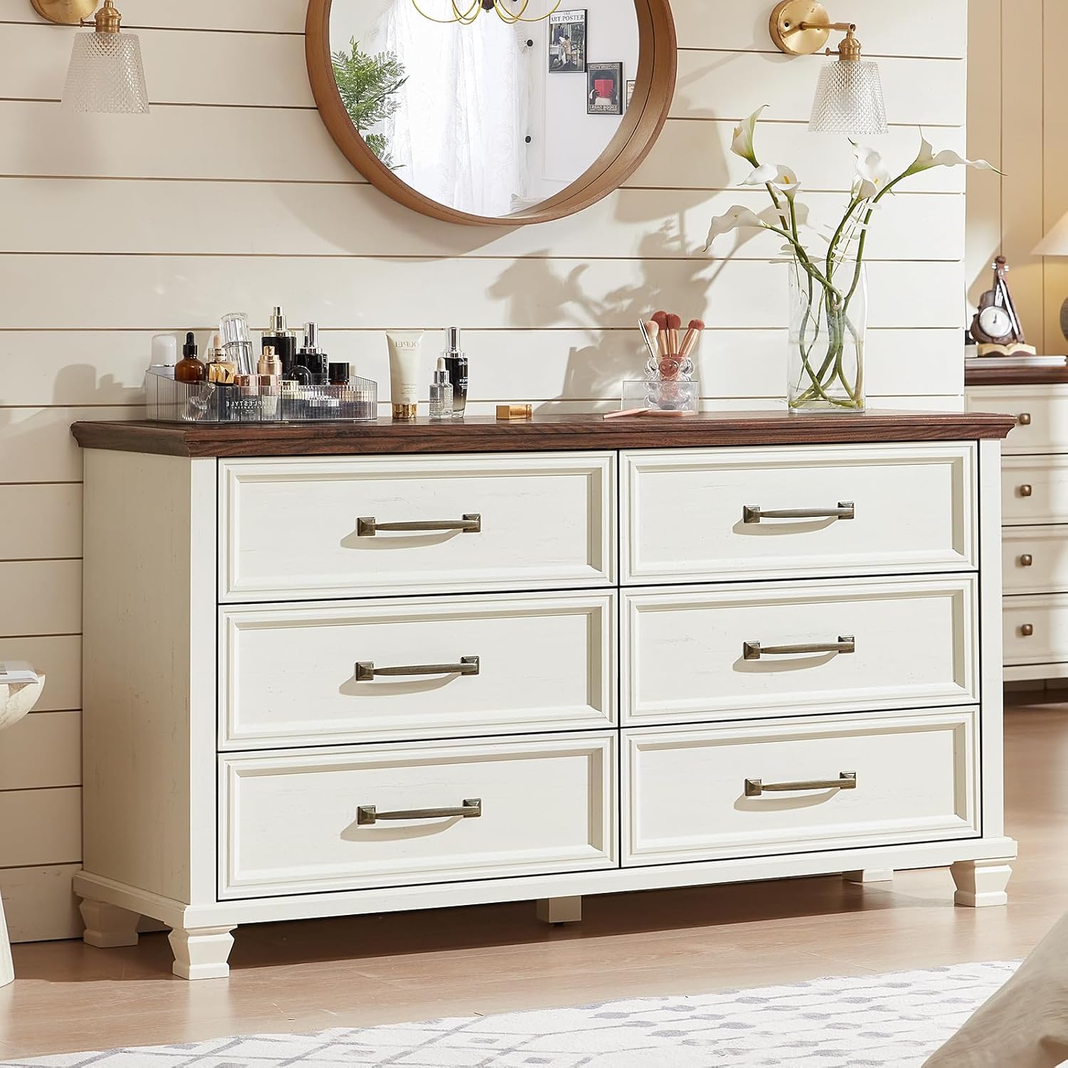 SAVOR LIFE Farmhouse Bedroom Dresser and Nightstand Set of 4, 6 Drawer Tall & Low Dresser & 2 Drawer Nightstand Set, Rustic Wood Furniture Set for Bedroom, Hallway, White