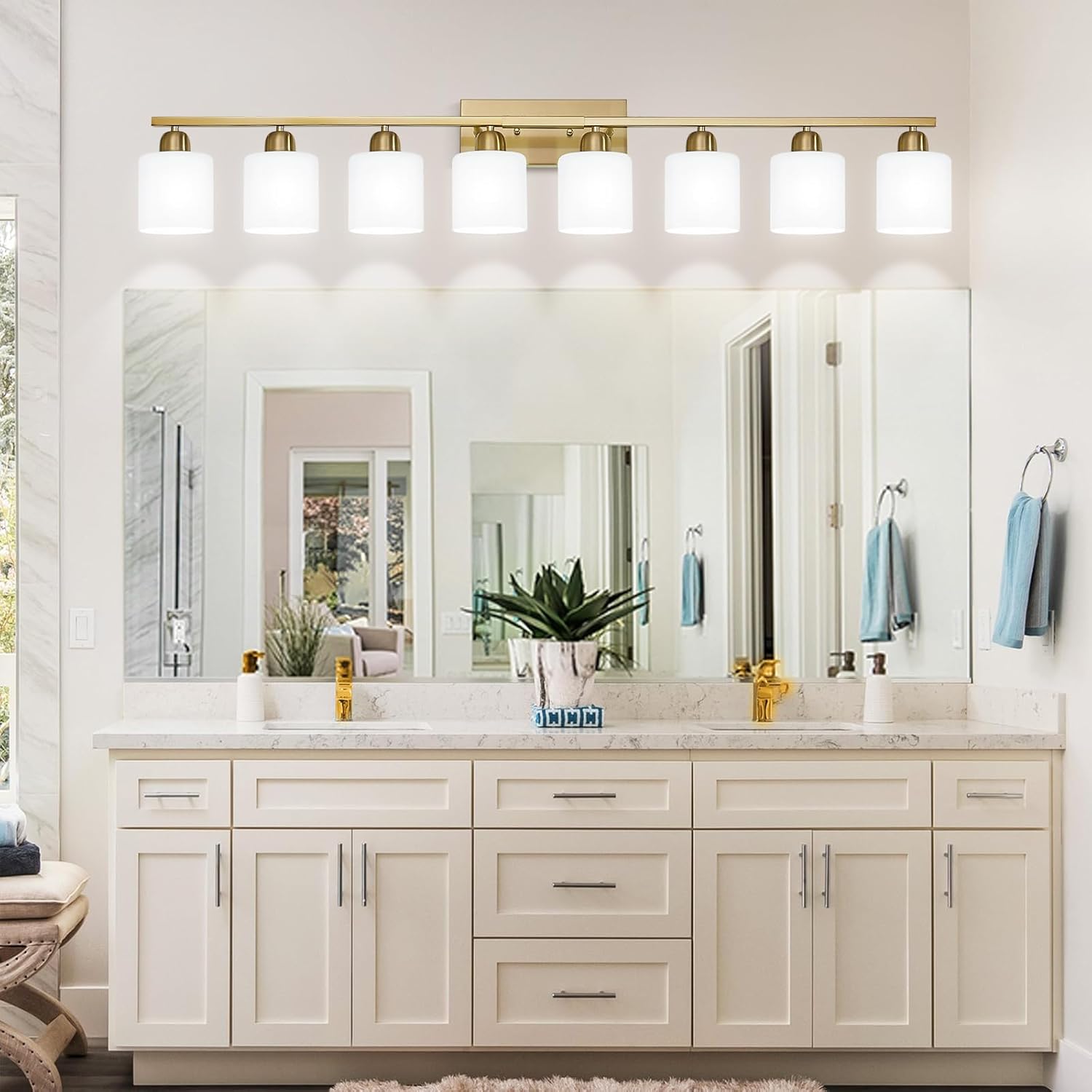 8 Light Bathroom Light Fixtures Gold for Big Mirror, Brushed Gold Vanity Lights for Bathroom with Milky White Frosted Glass Shades, 51 inch Wall Sconce for Mirrors Living Room Bedroom