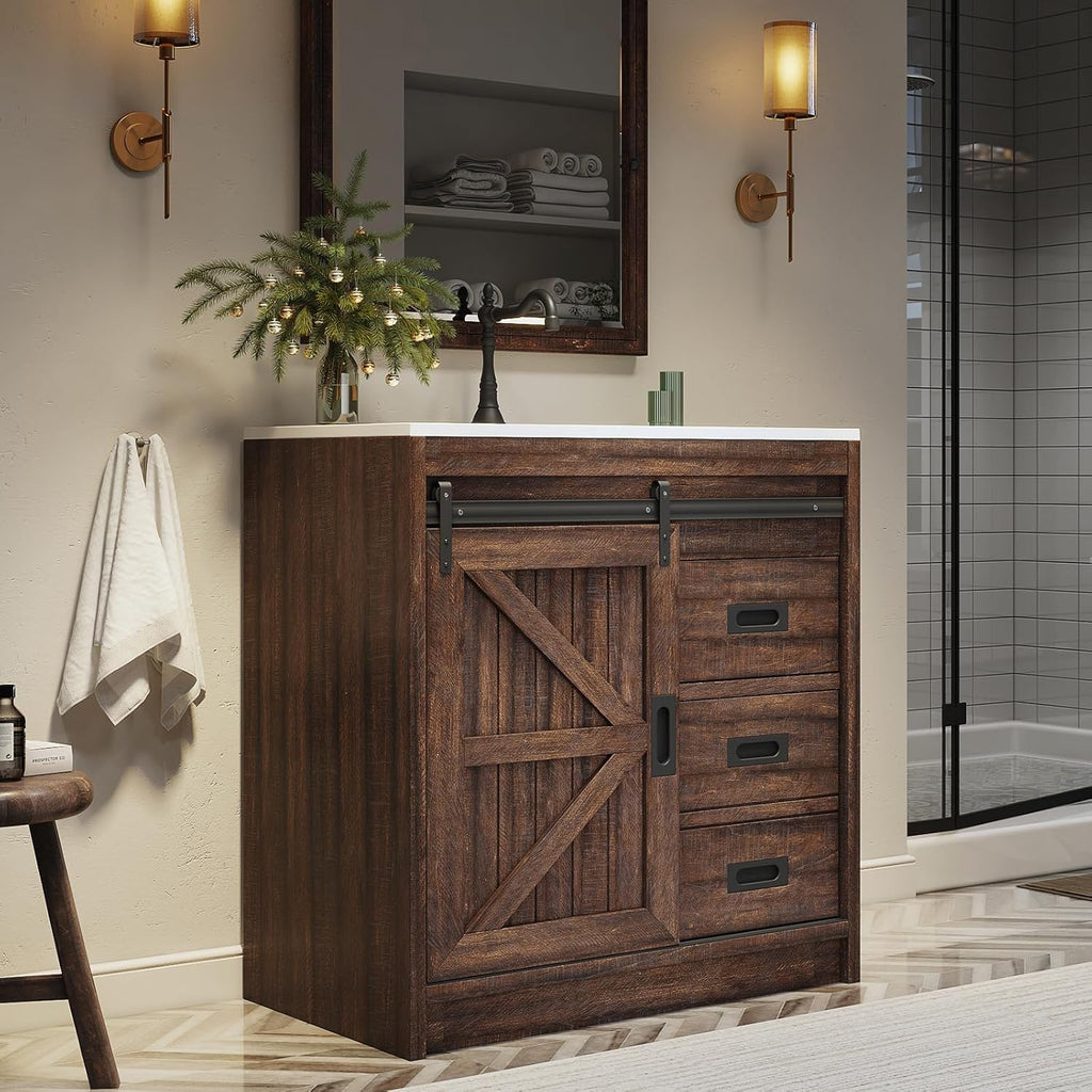 LUXOAK 30" Farmhouse Sliding Barn Door Bathroom Vanity with Sink Combo, Bathroom Vanity Cabinet with Drawers & Metal Handles, Freestanding, Reclaimed Barnwood