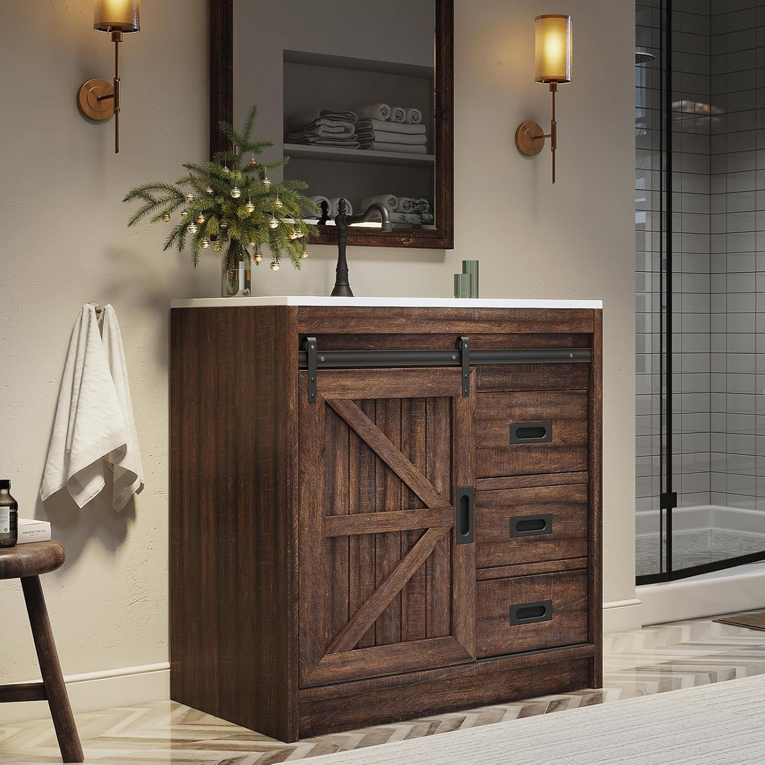 LUXOAK 30" Farmhouse Sliding Barn Door Bathroom Vanity with Sink Combo, Bathroom Vanity Cabinet with Drawers & Metal Handles, Freestanding, Reclaimed Barnwood